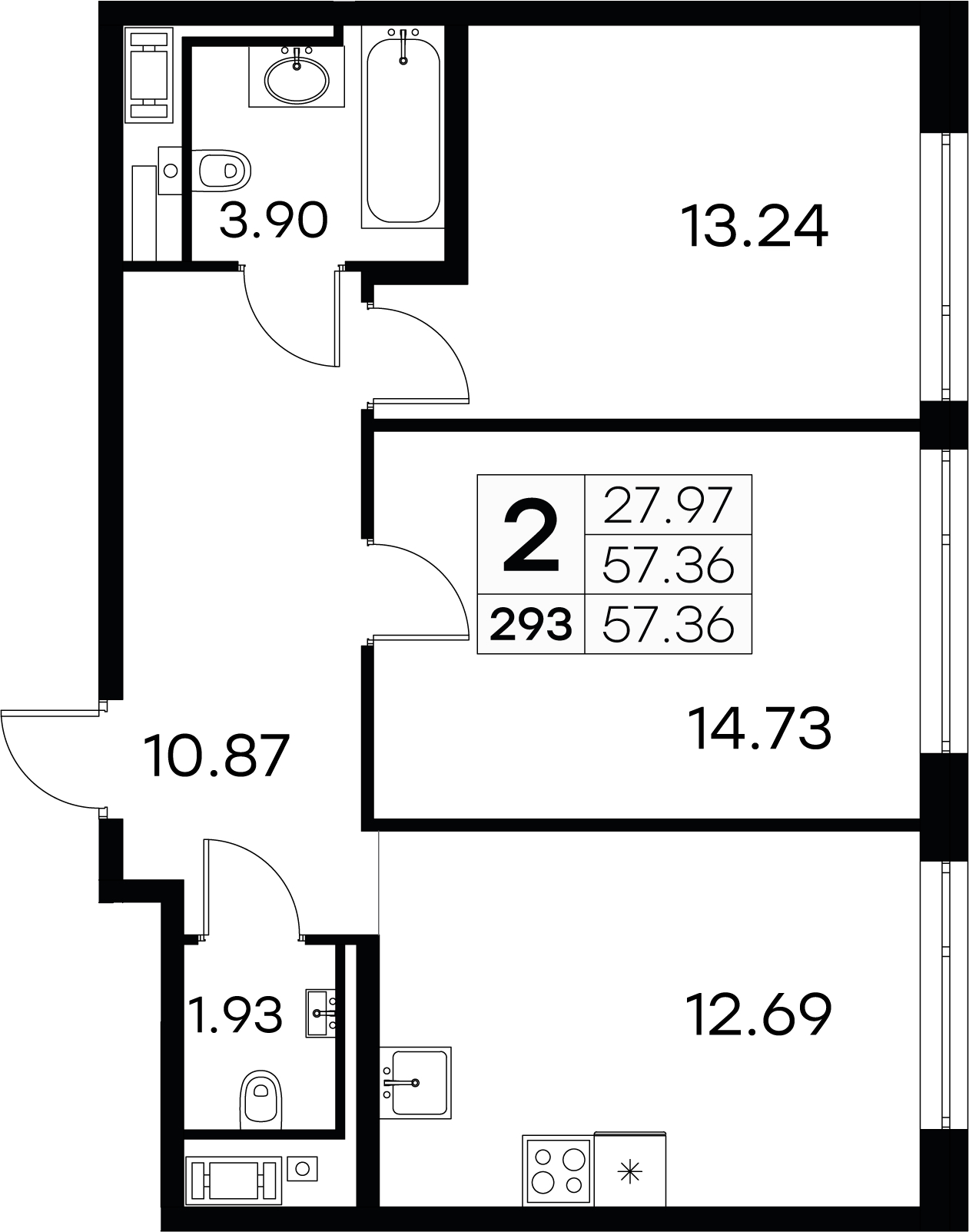2-комнатная квартира 57.36 м², 10/19 эт., ЖК «GloraX Aura Vasileostrovsky»